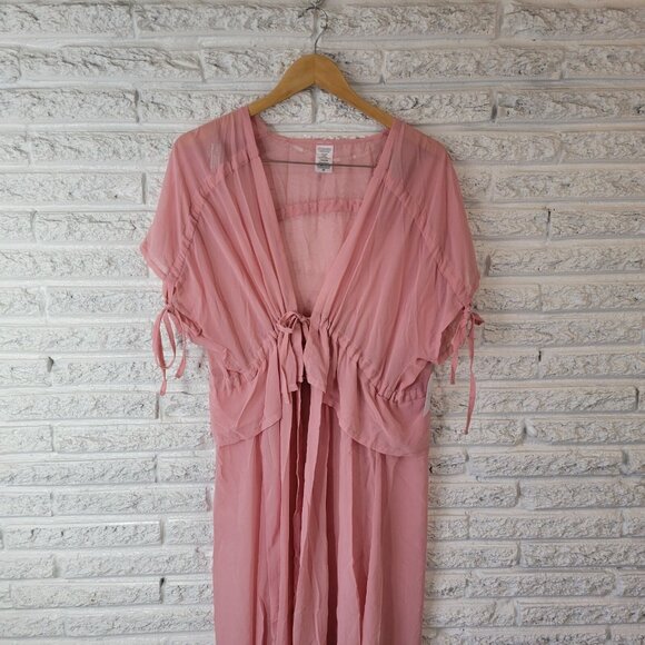 Time Tru Womens Top L XL Tied Sleeve Open Overlay Pink Chiffon Sheer PIN18E - Picture 4 of 12